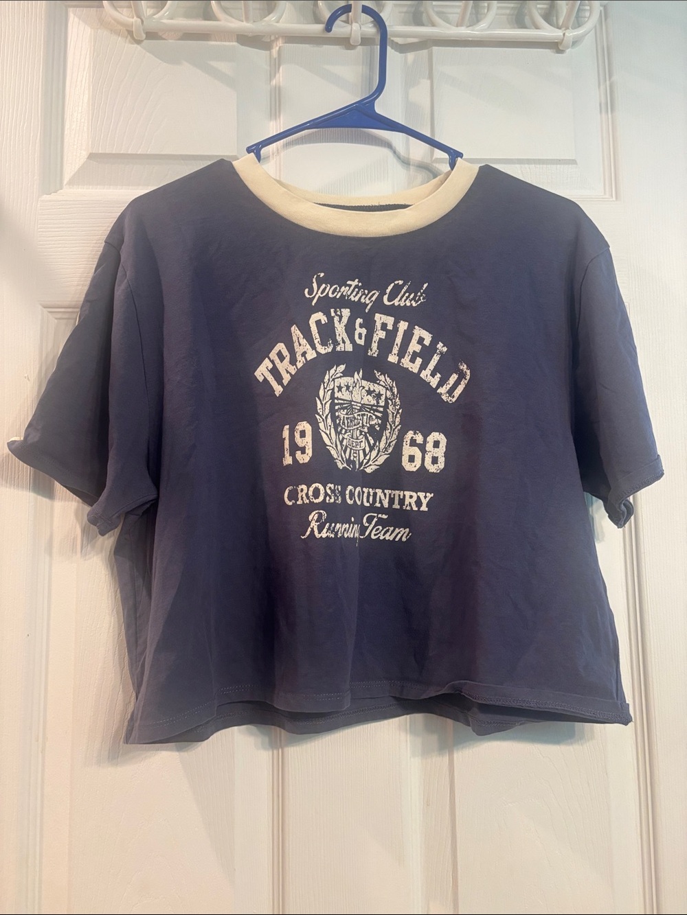 Navy Cropped Track & Field Ringer Tee - Cream Collar